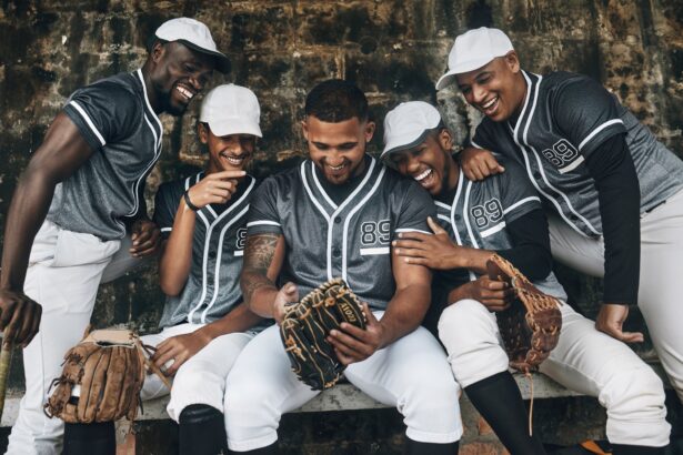 Baseball, sport and phone with a team of men on a bench after training, practice or a game. Teamwor