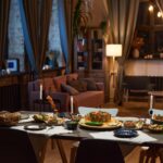 Dining table with food and appetizers